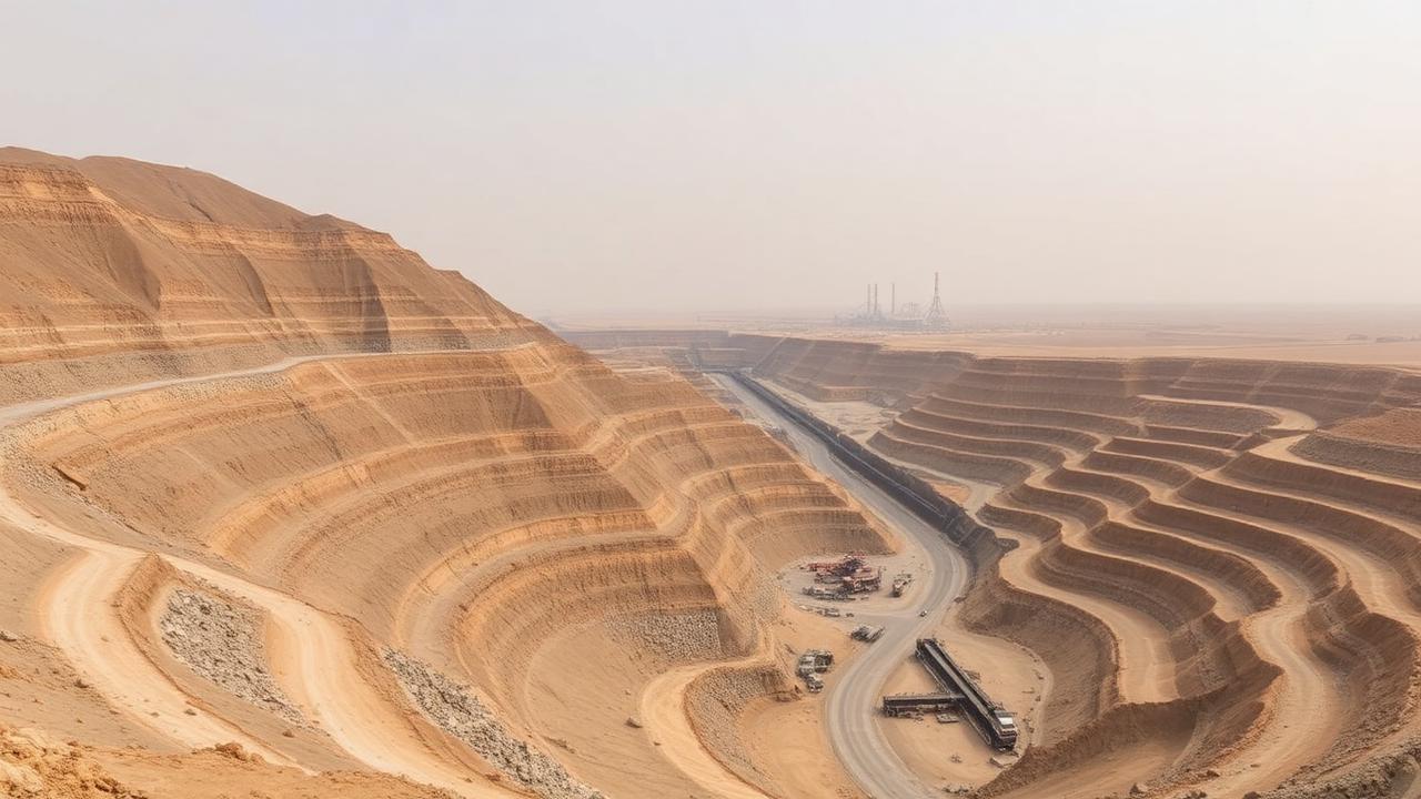 An industrial mining landscape near Almalyk, Uzbekistan, with terraced open-pit benches, haul roads and smelter chimneys under a hazy sky.