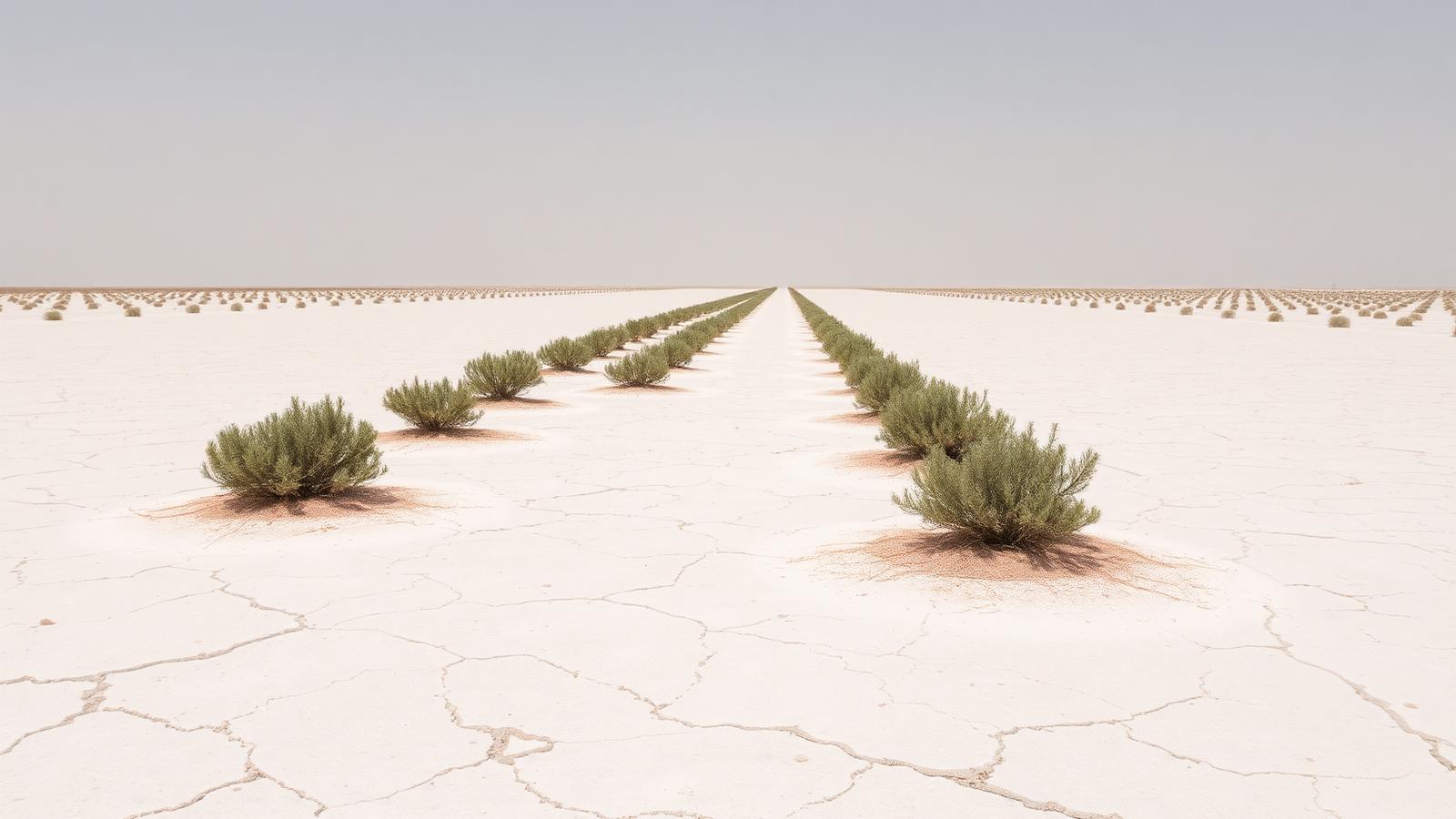 Rows of young saxaul shrubs planted across the pale cracked salt flats of the dried Aral seabed stretching to a hazy horizon.