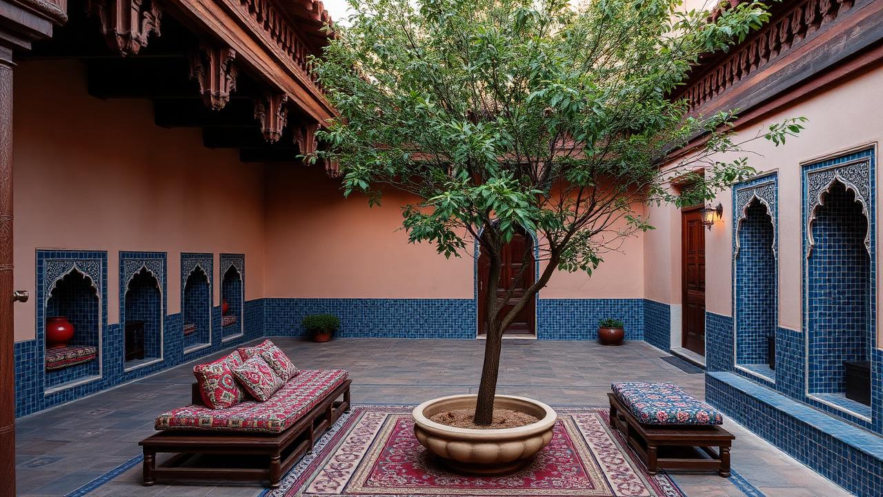A restored merchant house courtyard with carved wooden columns, blue tiled niches, suzani-covered daybeds and a tree in a stone planter.