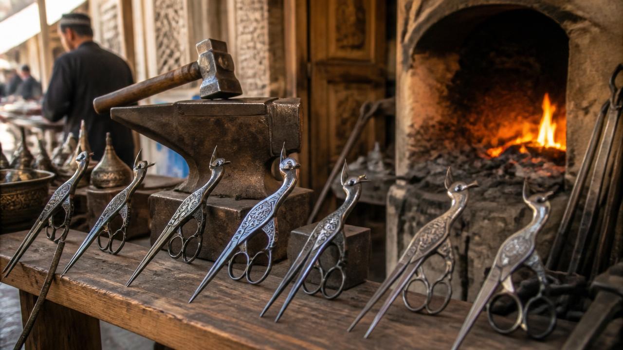 Hand-forged steel scissors shaped like long-beaked storks displayed on a wooden bench beside an anvil and a glowing forge in a Bukhara blacksmith workshop.