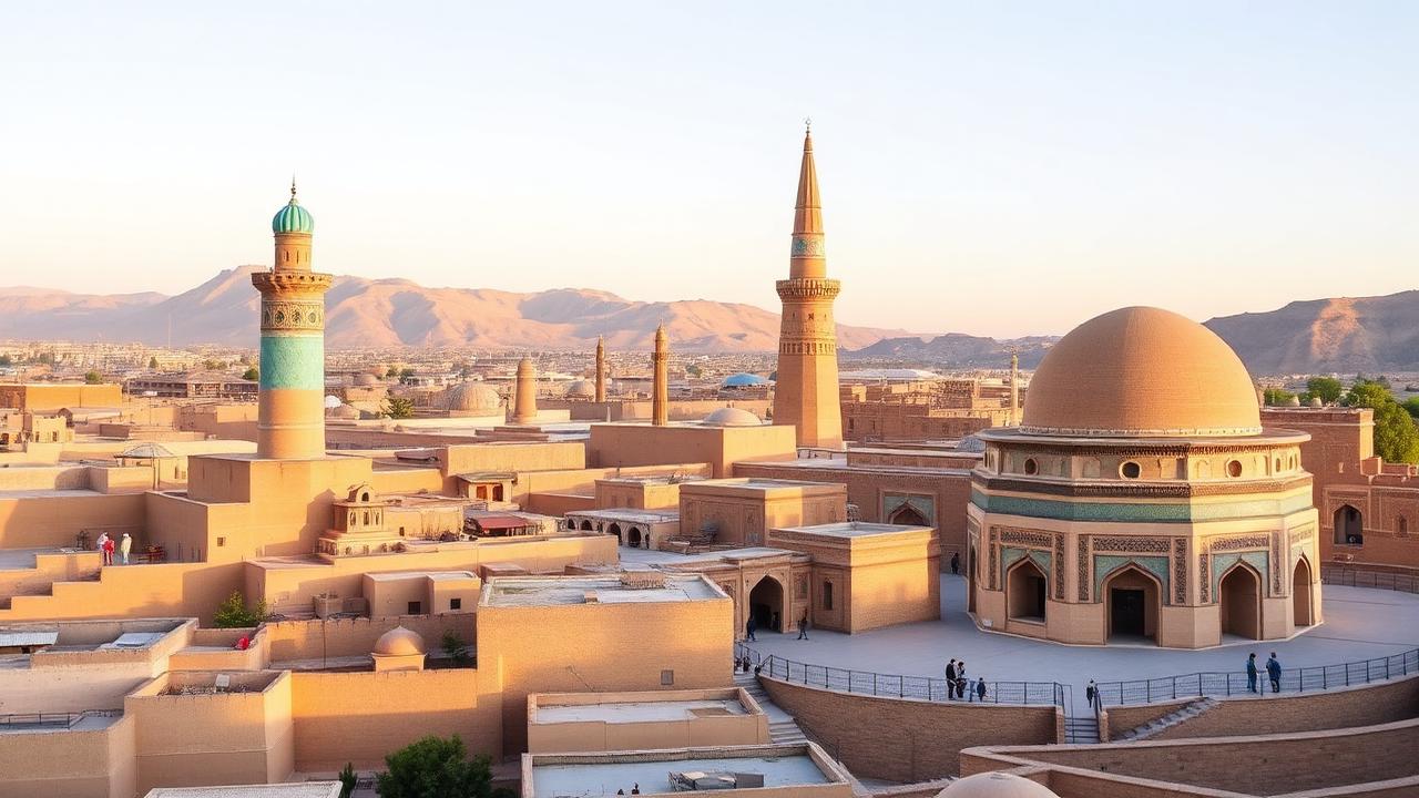 Sand-coloured Silk Road old town in Uzbekistan with a turquoise-tiled minaret and a brick trading dome in warm evening light.