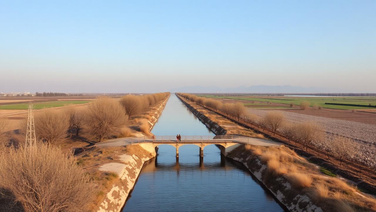 Great Fergana Canal running between fields and tree lines in Uzbekistan's Fergana Valley