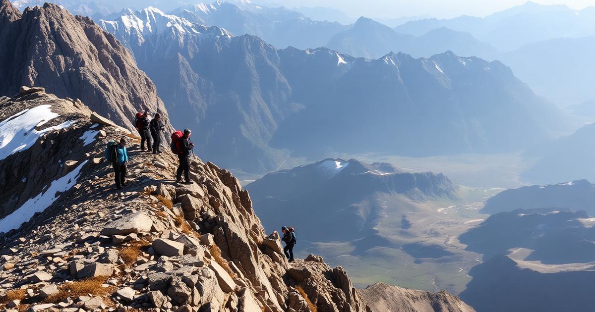 Trekkers with backpacks walking along a rocky high-altitude ridge with snow patches and deep valleys below in morning light.