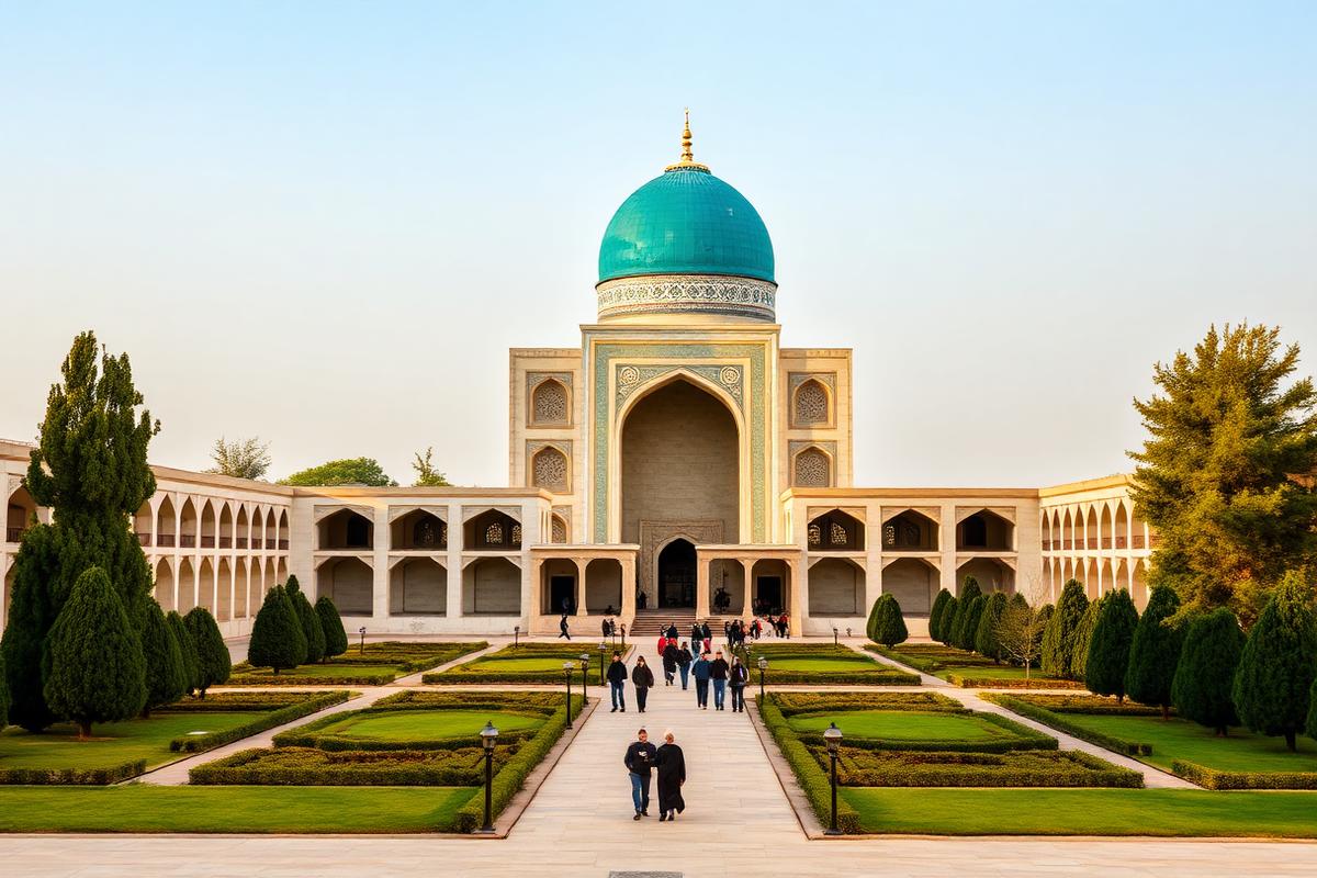 Domed Islamic memorial complex with landscaped courtyards near Samarkand