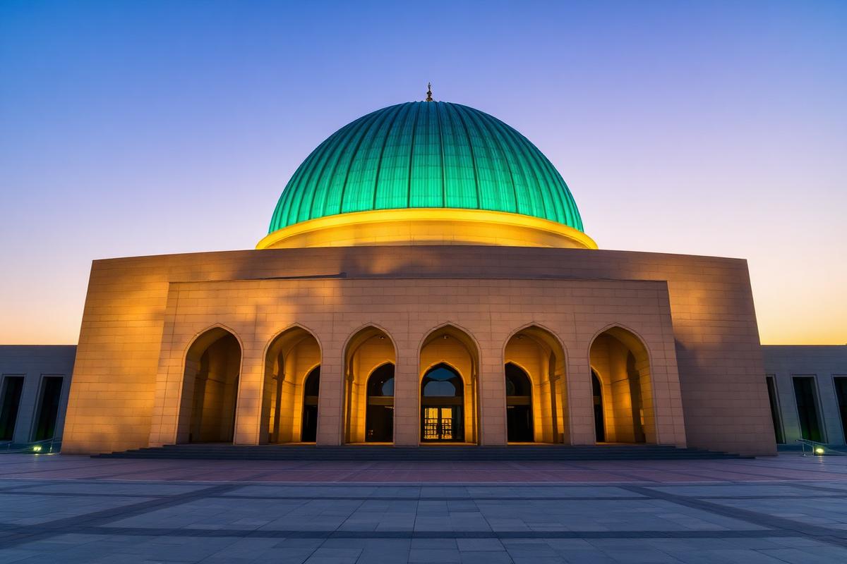 Large turquoise dome of a modern Islamic cultural centre in Tashkent at dusk