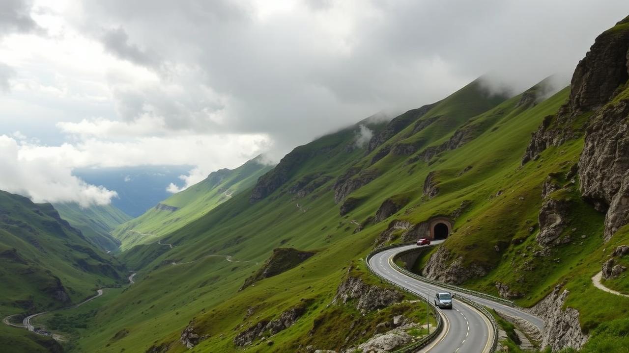 A winding mountain highway with a tunnel entrance cutting through steep green slopes on the route between Tashkent and the Fergana Valley.