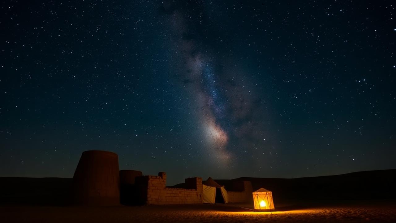 Milky Way above a remote desert camp and mud-brick ruins in Karakalpakstan