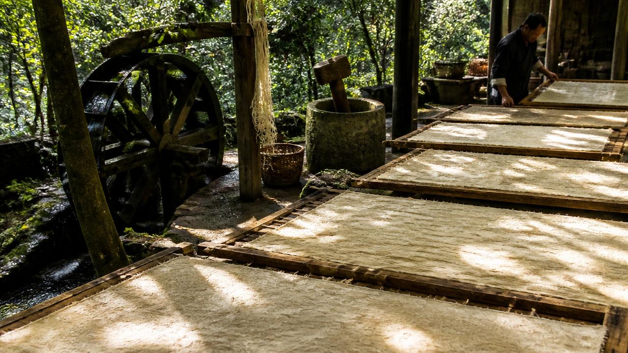 Sheets of handmade mulberry silk paper drying on wooden frames beside a wooden water wheel and a stone mortar at a Samarkand paper workshop.