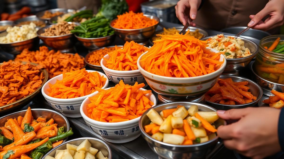 Bowls of spicy Korean-style carrot salad morkovcha and pickled vegetables on a market stall in Uzbekistan