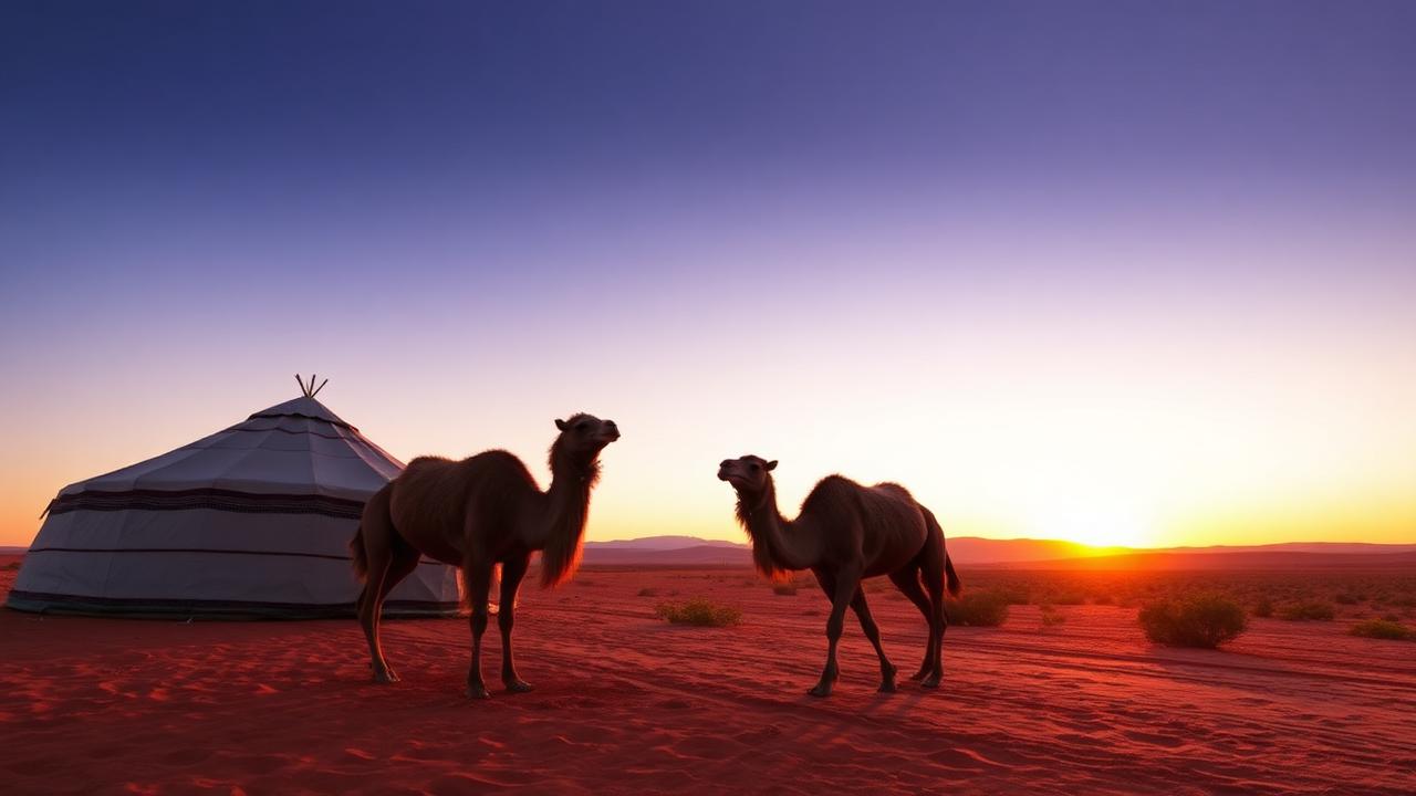 Two Bactrian camels standing on red desert sand near a felt yurt in the Kyzylkum at sunset, with low scrub and long shadows.