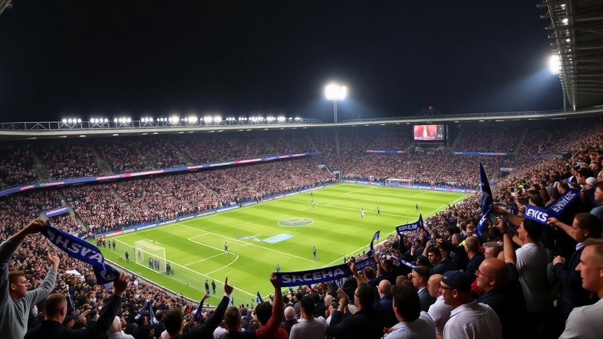 Floodlit football stadium at night with crowds of fans waving blue and white scarves