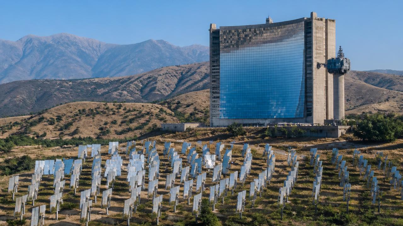 Parkent Solar Furnace mirror facade and heliostat field in the foothills near Tashkent
