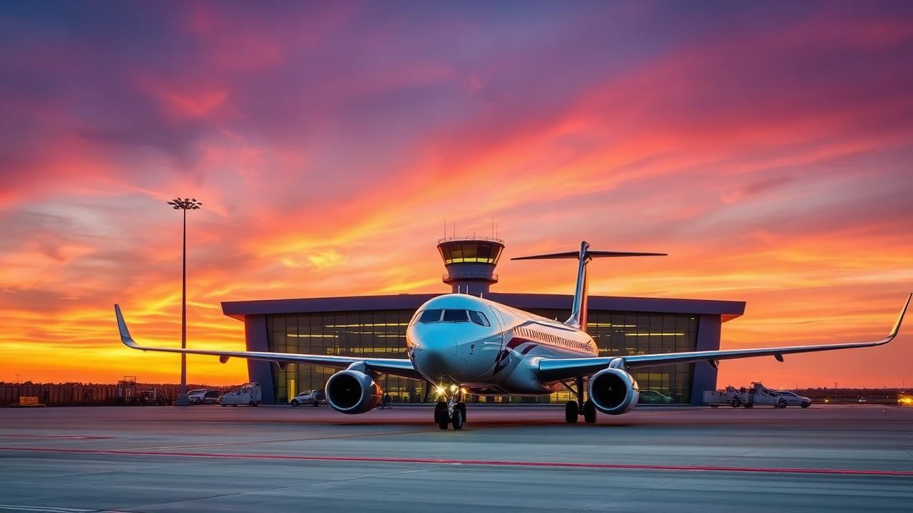 A narrow-body airliner parked on the apron of a small regional airport terminal in Central Asia at sunset.