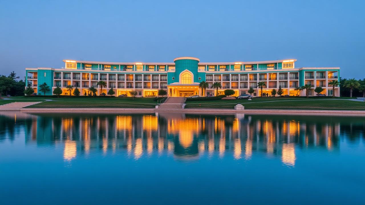 Modern turquoise-tiled resort hotel reflected in a landscaped lake in Samarkand at dusk