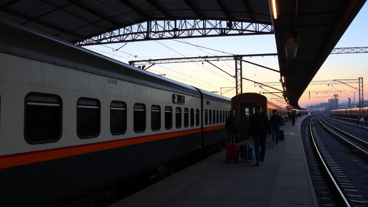 Long-distance sleeper train carriages at a Central Asian railway platform at dawn with passengers boarding with luggage.