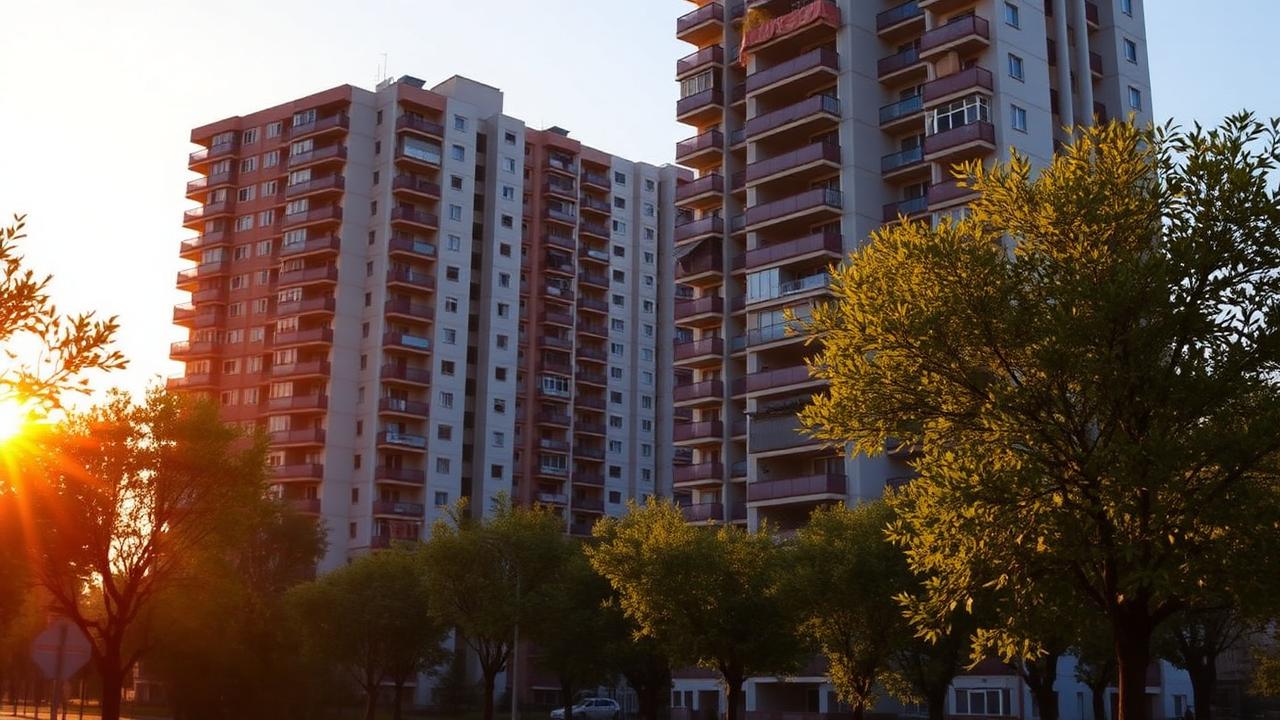 Modern residential high-rise apartment buildings with balconies in Tashkent at golden hour, seen from a tree-lined street.