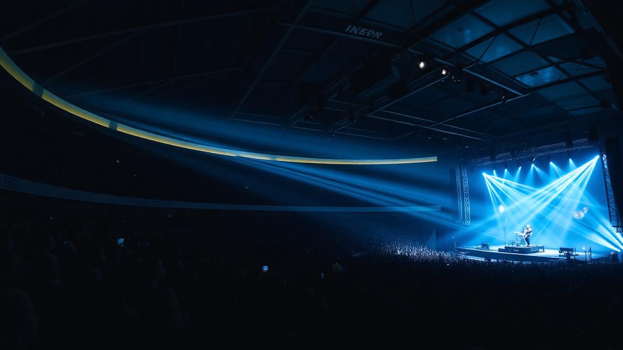 A large indoor arena during a concert, with blue stage lighting beams cutting across a dark crowd.