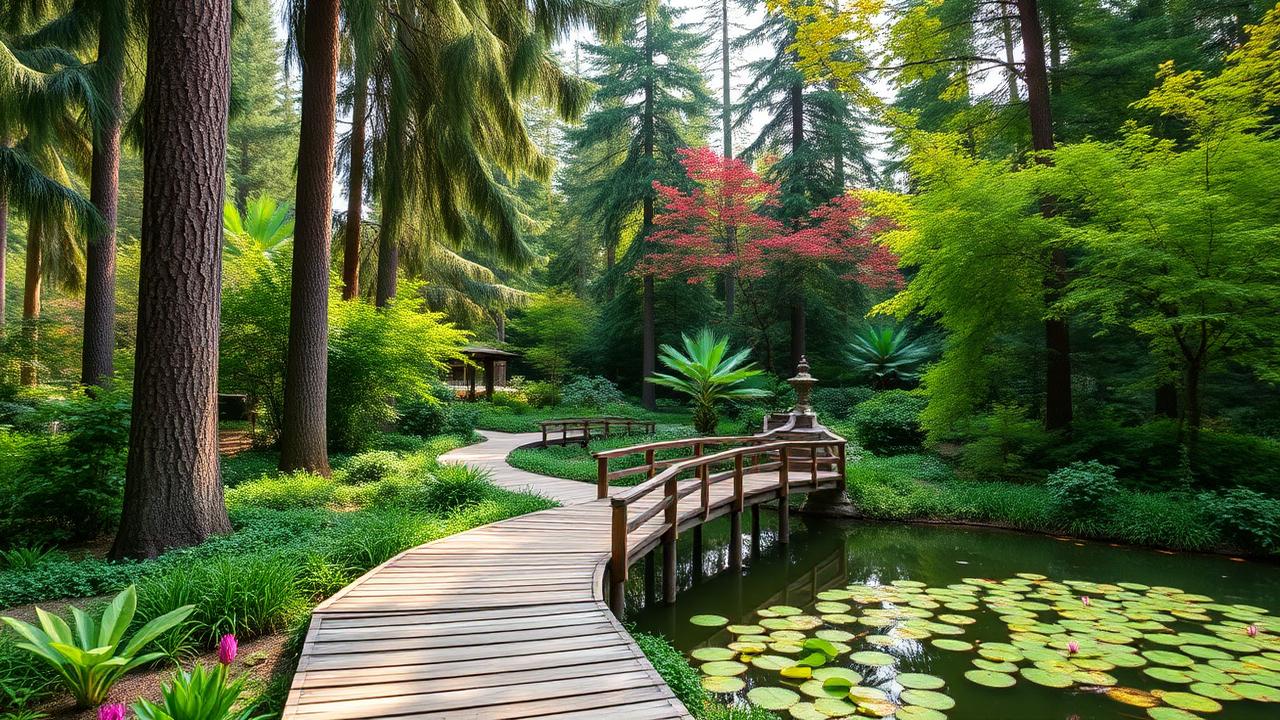 A wooden boardwalk curving through a lush botanical garden past tall conifers and a pond covered in lily pads.