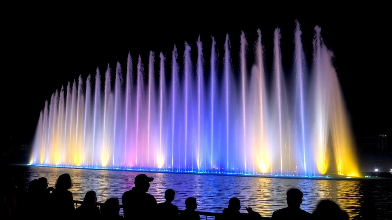 An illuminated musical fountain show at night with tall water jets lit in blue and gold and silhouetted spectators watching.