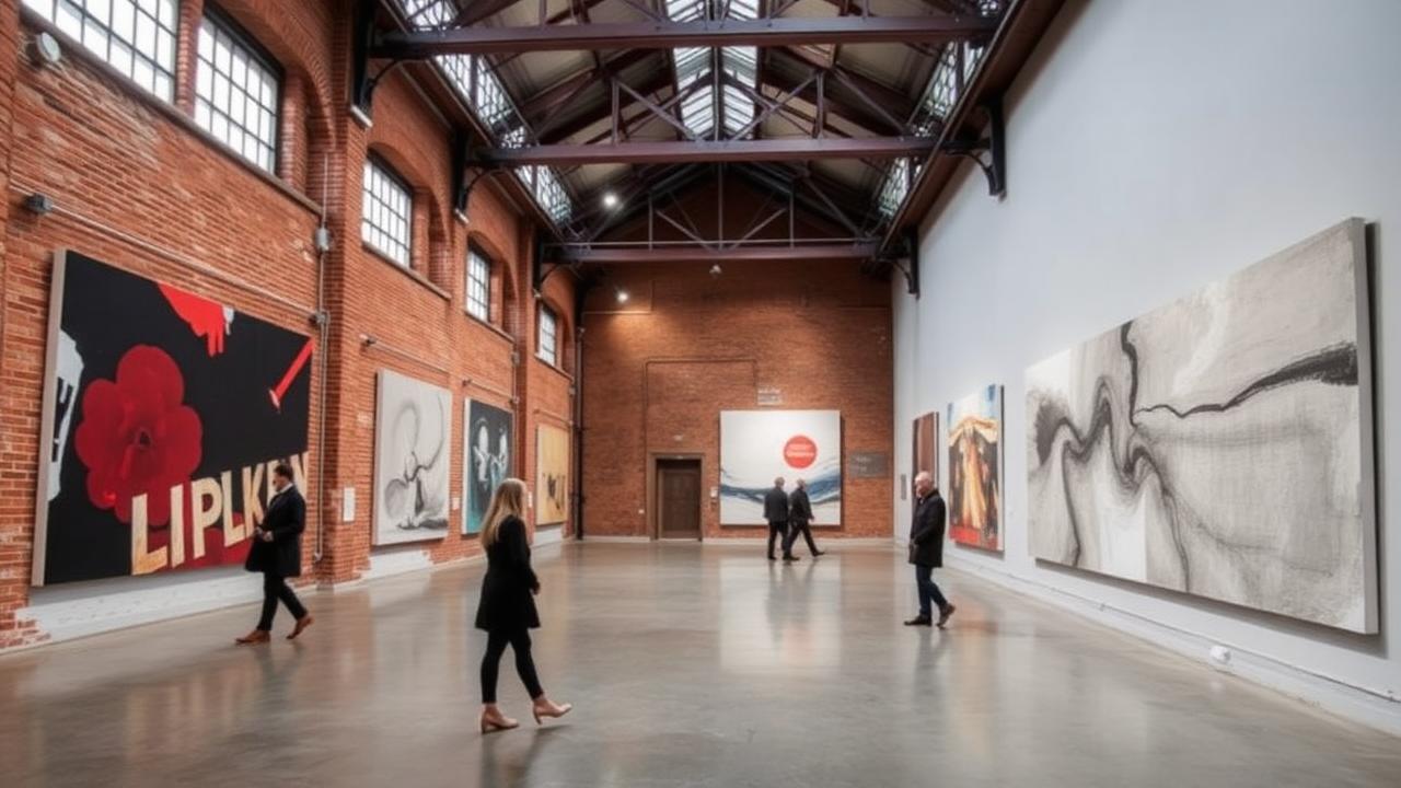 A contemporary art gallery inside a converted brick power station, with steel roof trusses and large abstract canvases on white and brick walls.
