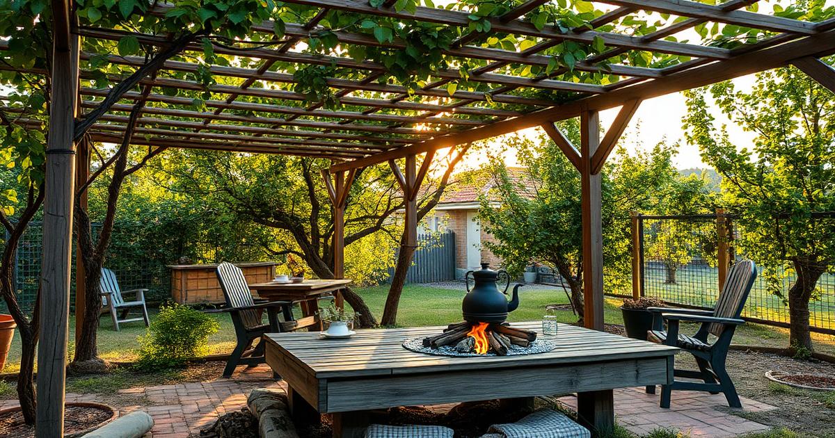 A summer dacha garden with a grapevine pergola shading a raised wooden platform, a kettle over a small fire and fruit trees in evening light.