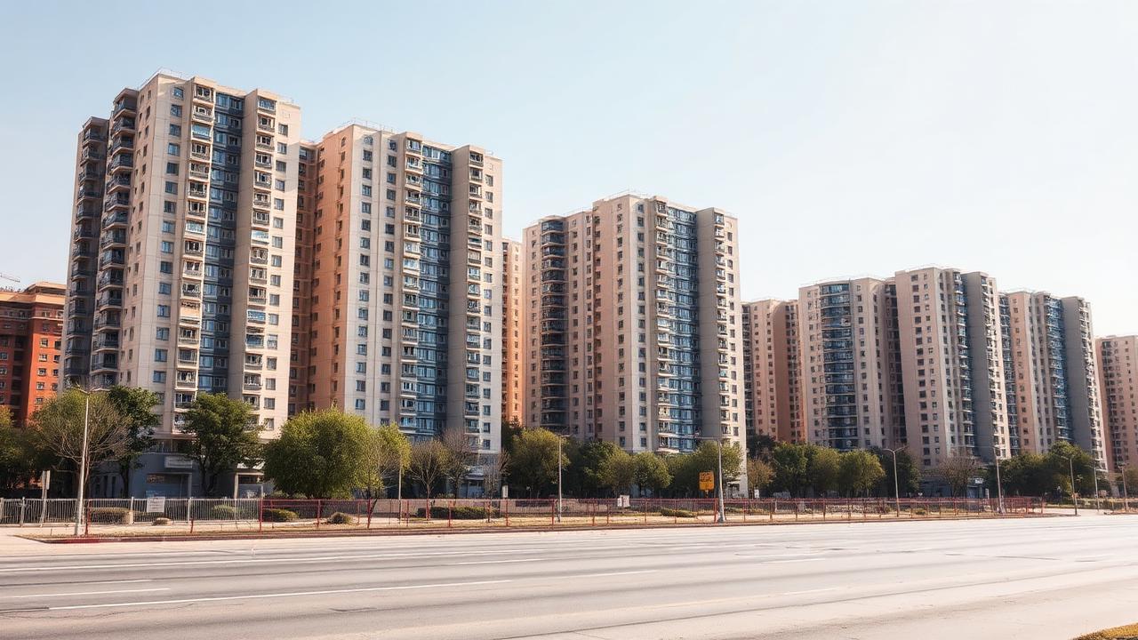 Modern seismic-resistant apartment towers standing beside older low-rise Soviet panel blocks in Tashkent under a clear sky.