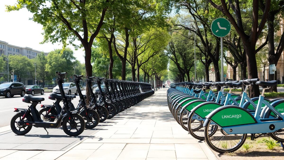 Row of rental electric scooters and shared bicycles parked along a tree-lined Tashkent boulevard