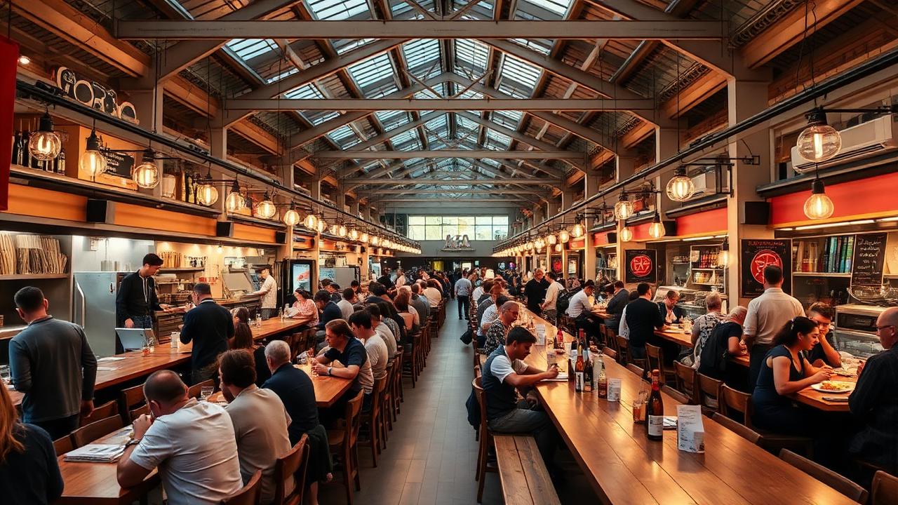 A busy indoor food hall with open kitchen stalls, hanging filament bulbs and long communal wooden tables full of diners.
