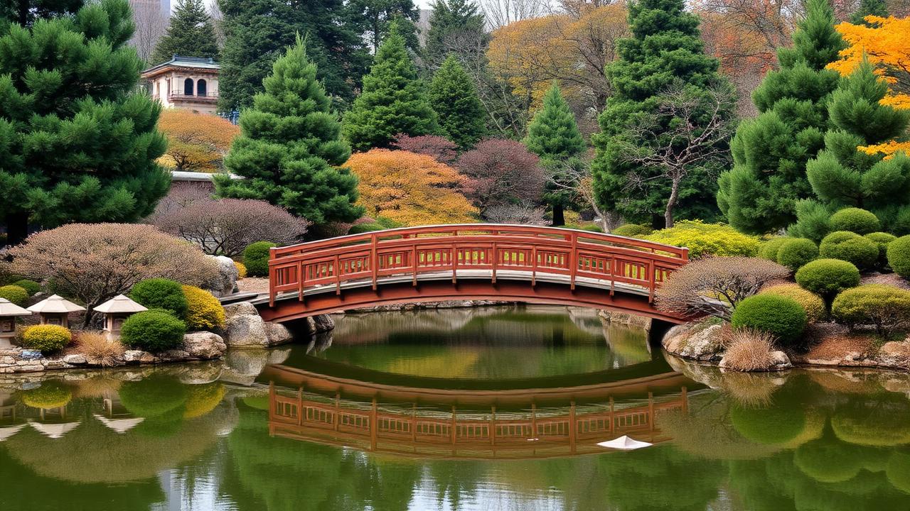 A wooden bridge over a still pond in the Japanese Garden in Tashkent, surrounded by manicured pines, stone lanterns and autumn foliage.