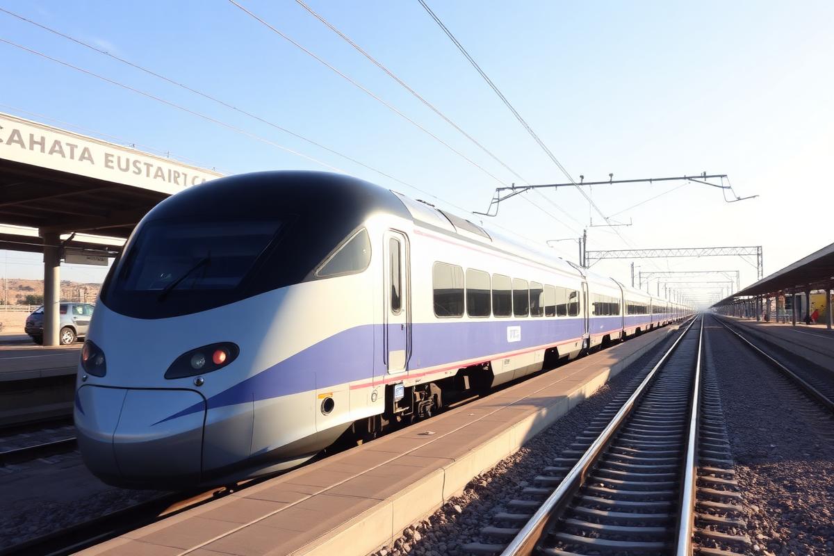 Modern high-speed train at a platform in Uzbekistan with desert light