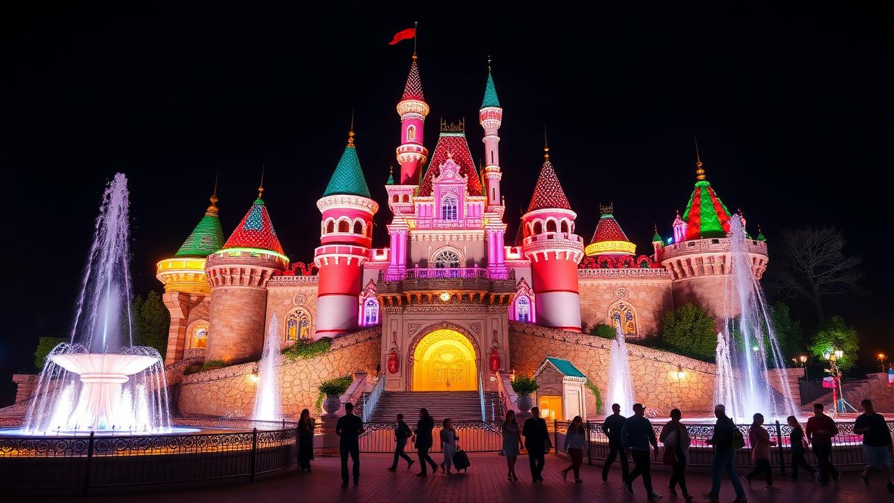 Brightly illuminated fairy-tale castle and fountains at an evening amusement park in Tashkent