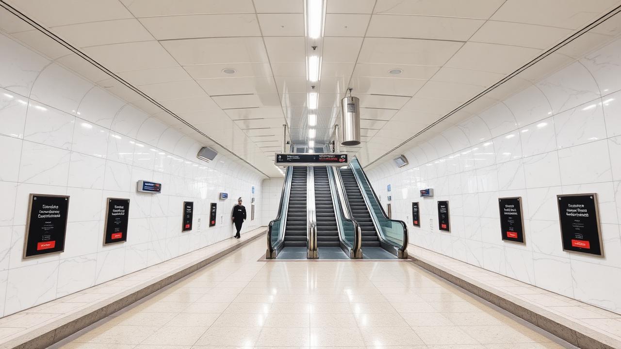 A bright, clean underground metro station concourse with marble-clad walls and escalators leading to the platform.
