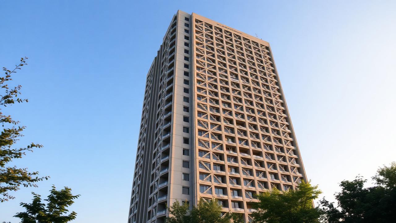 A 1970s Soviet-modernist concrete residential tower in Tashkent with geometric lattice sun-screen panels against a blue sky.