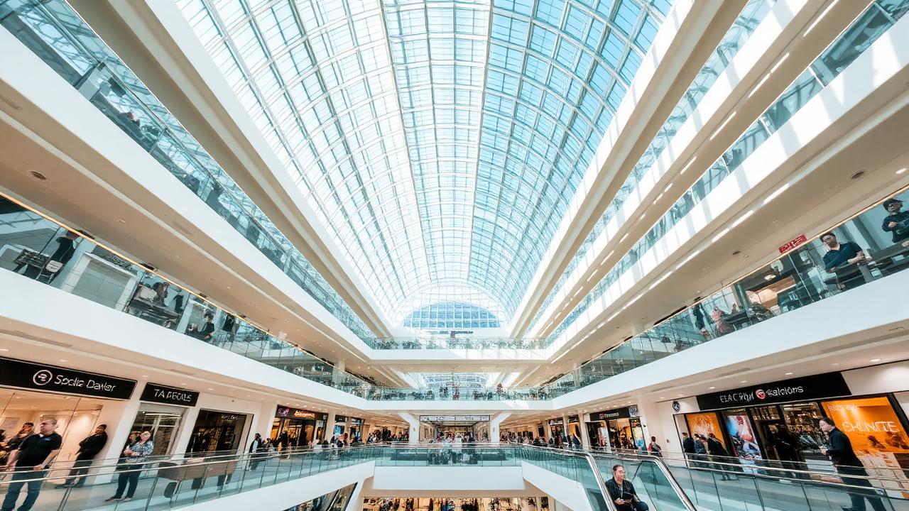 A bright multi-level shopping mall atrium with a vaulted glass ceiling, balconies and escalators full of shoppers.