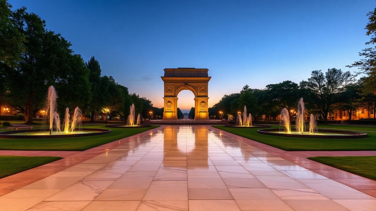 A wide marble promenade in a modern city park leading to a monumental stone arch, flanked by fountains and lawns at dusk.