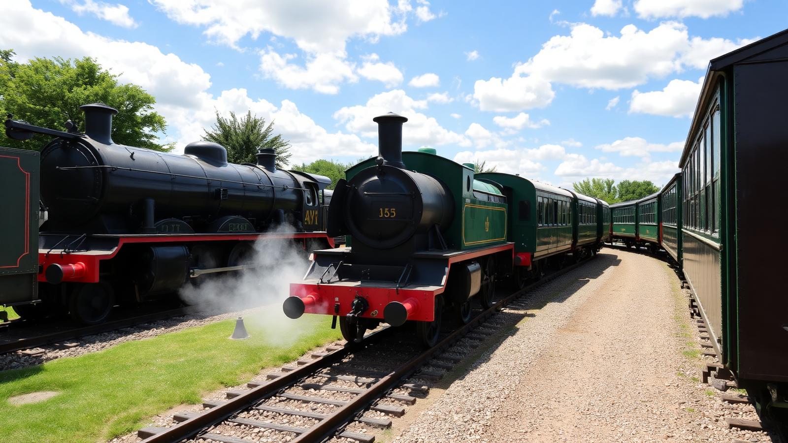 A row of preserved black steam locomotives and old green passenger carriages standing on tracks at an open-air railway museum under a bright sky.