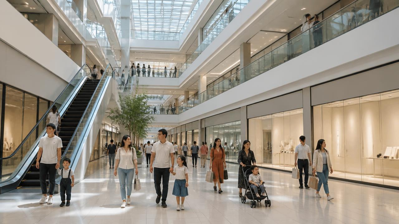 Bright modern shopping mall interior in Tashkent with shoppers on escalators and international brand storefronts