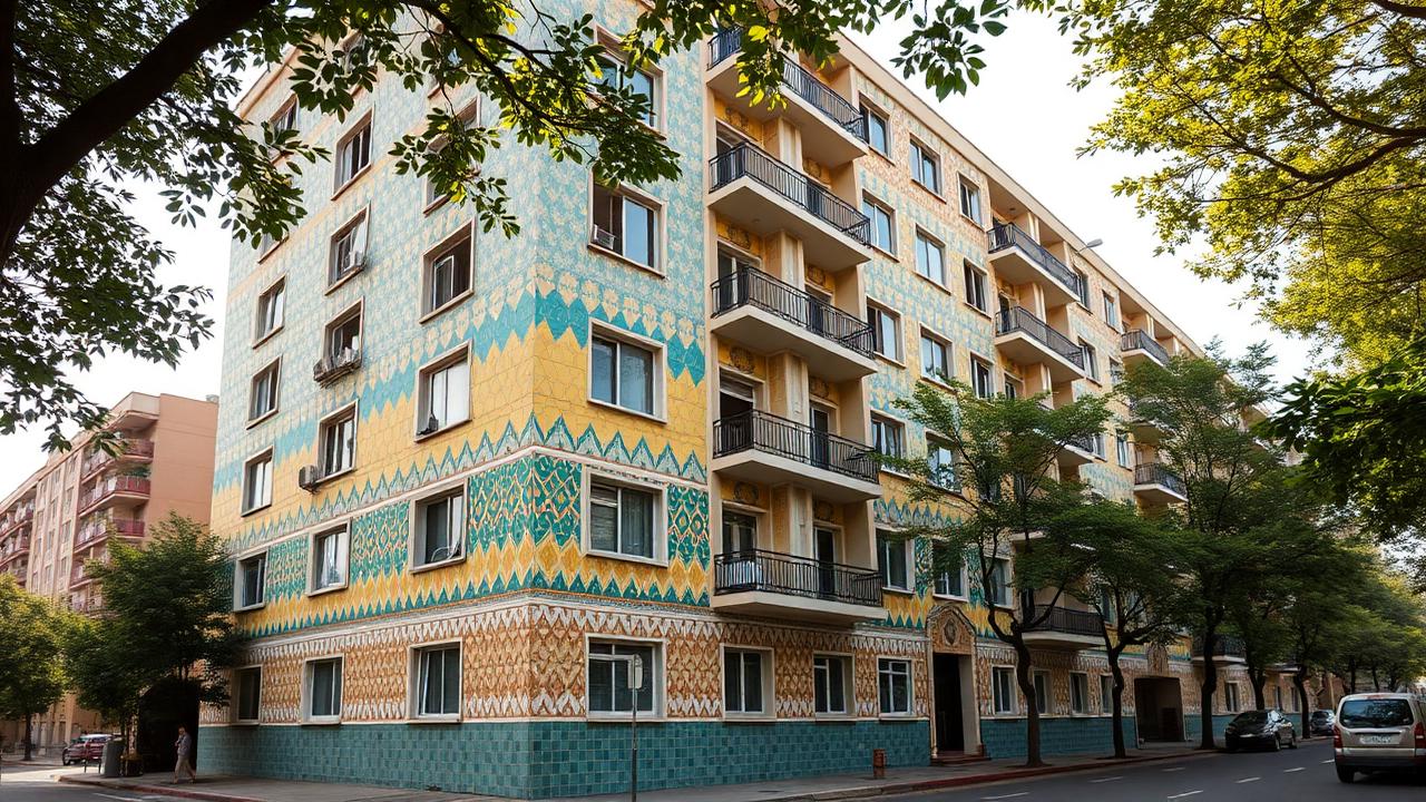Geometric turquoise and gold mosaic covering a modernist apartment building in Tashkent