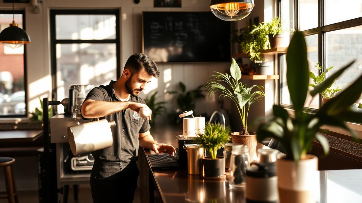 Barista pouring latte art at an espresso bar in a sunlit modern Tashkent coffee shop