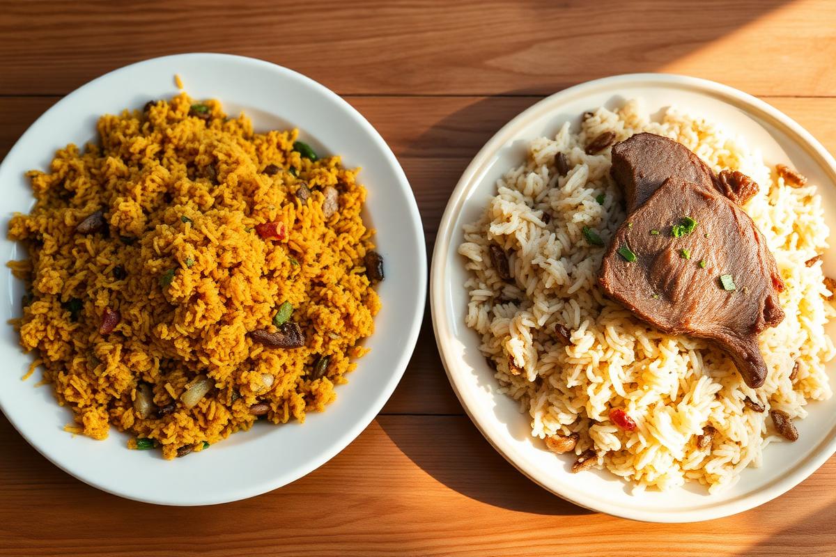 Mixed golden Tashkent-style plov beside layered Samarkand-style plov with meat on top.