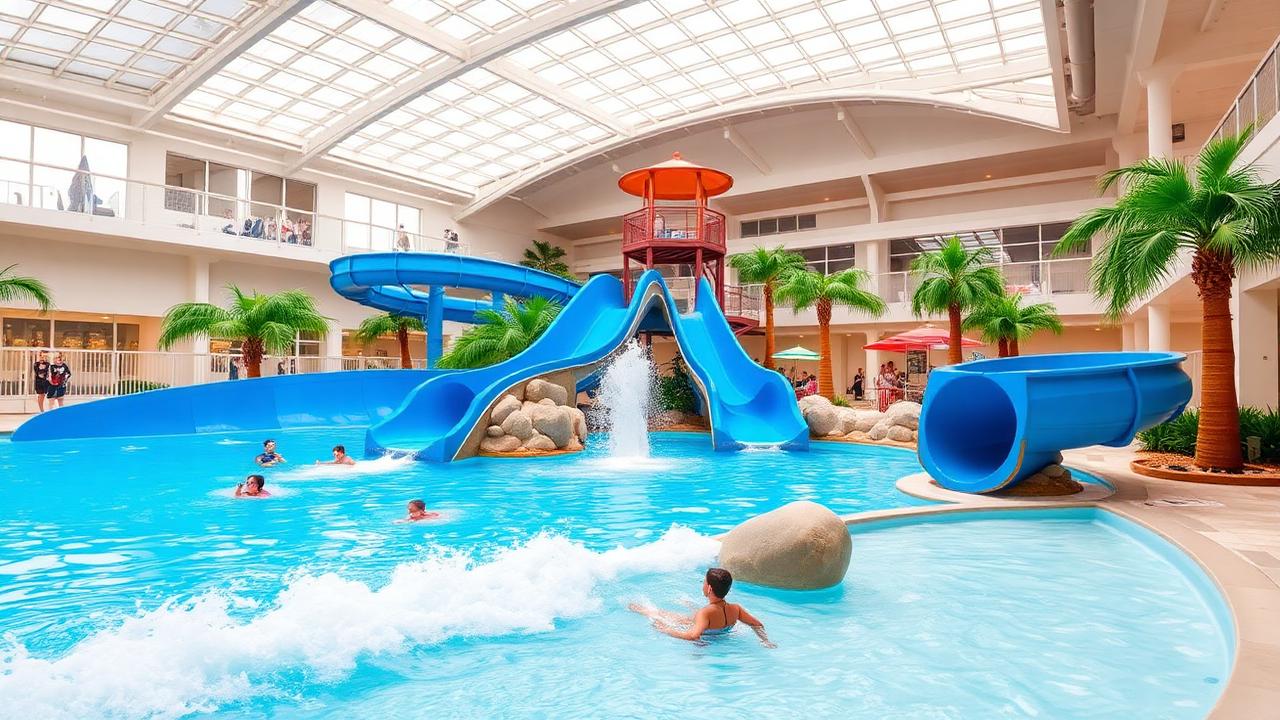 Interior of a modern indoor water park with blue slides, a wave pool and palm-style planting under a glass roof.