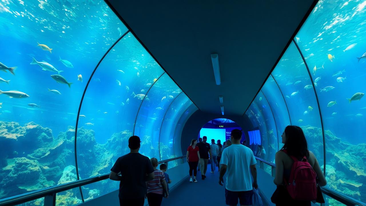Visitors walking through a curved glass aquarium tunnel surrounded by fish in blue-lit water.