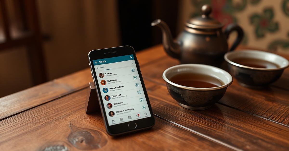 A smartphone propped on a wooden chaikhana table showing a messaging app chat list, next to a teapot and two bowls of tea.