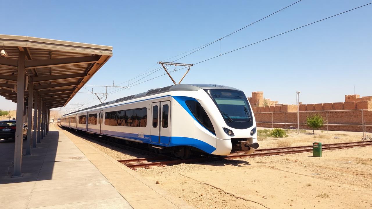 A modern white and blue electric train waiting at a new desert railway platform with the mudbrick walls of an old town behind it.