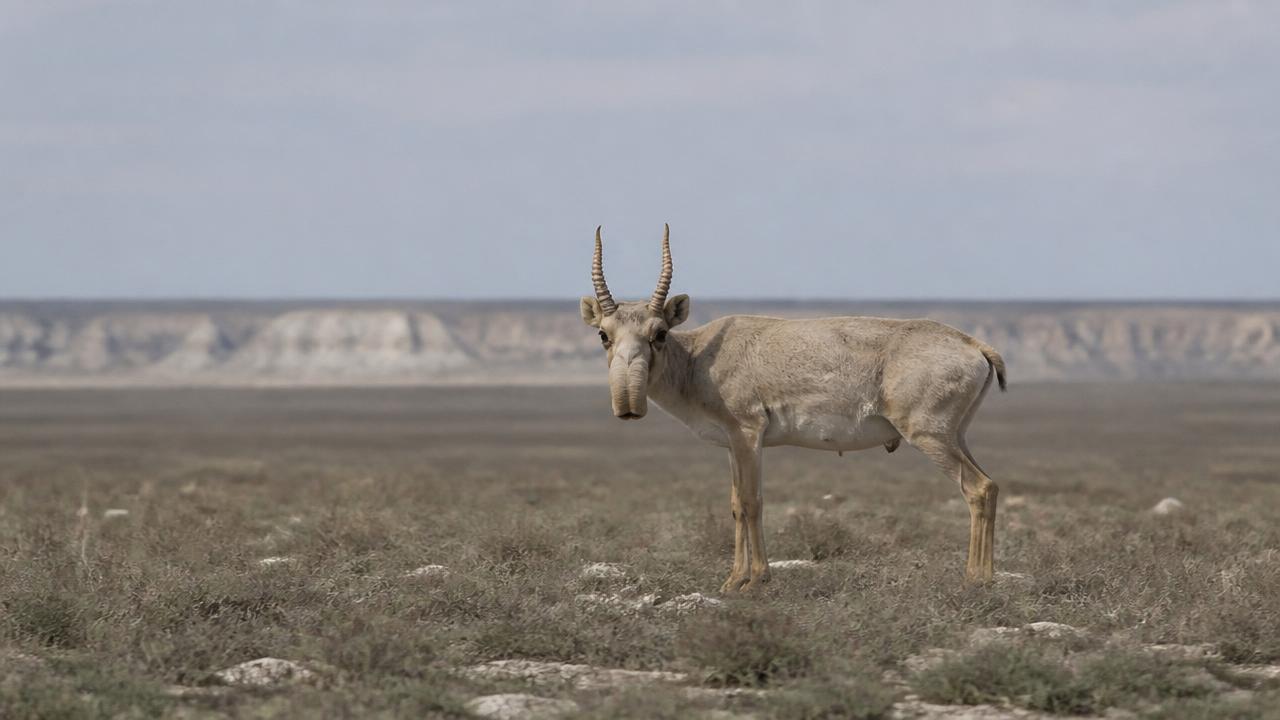 Pale saiga antelope with its distinctive enlarged nose on Uzbekistan's Ustyurt Plateau