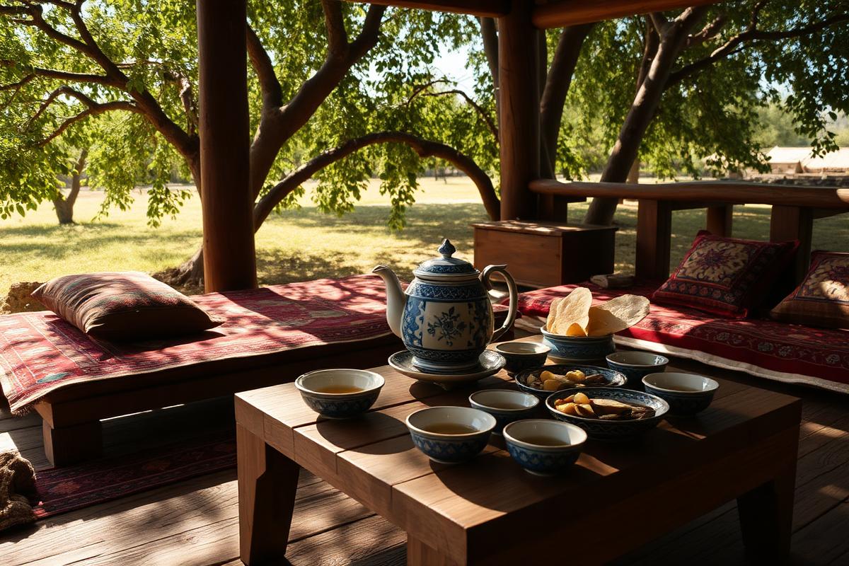 A traditional Uzbek teahouse table with a blue-and-white cotton-pattern teapot, small handleless piyola bowls of green tea, flatbread and dried fruit on a raised wooden platform with cushions.