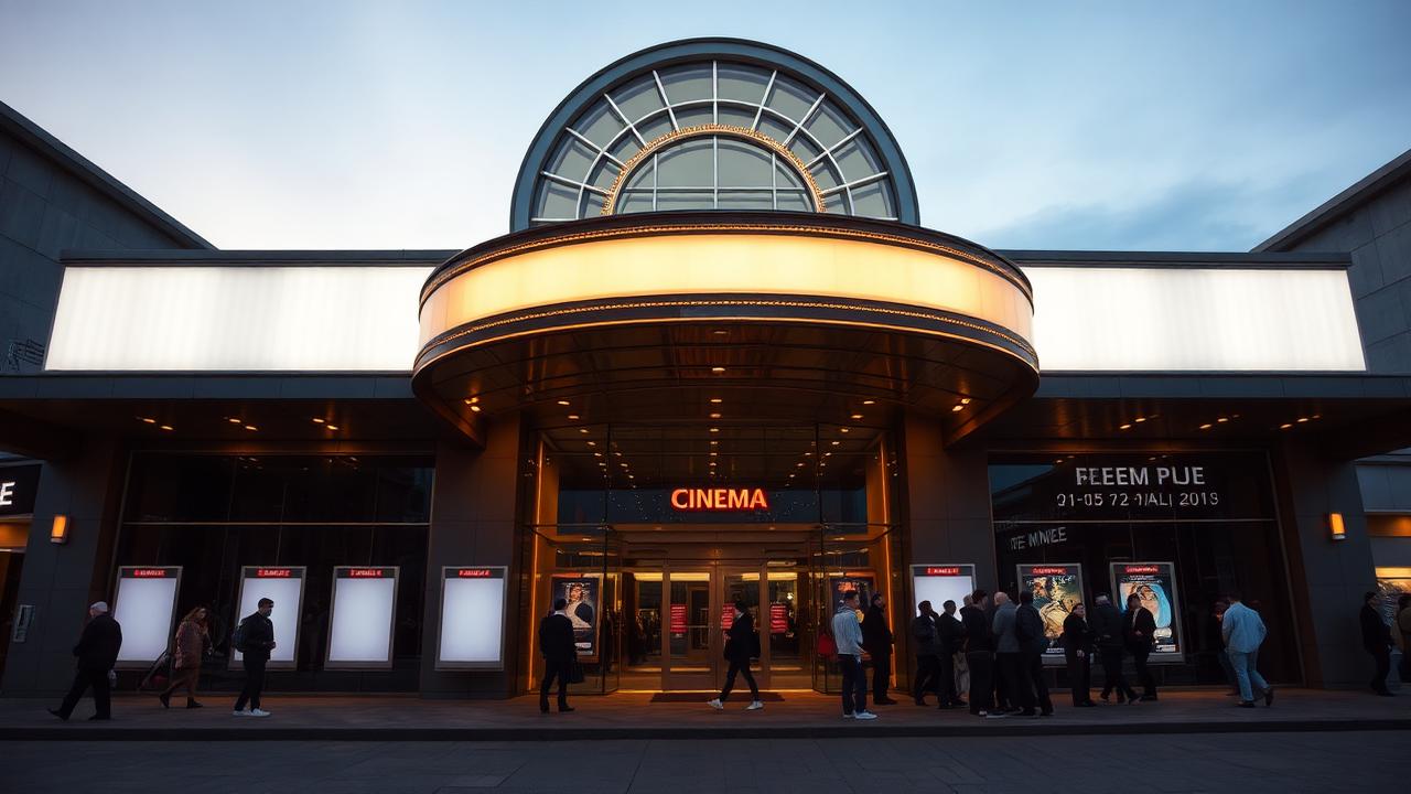 The lit marquee and glass entrance of a modern cinema in Tashkent at dusk with people queuing outside beneath film posters.