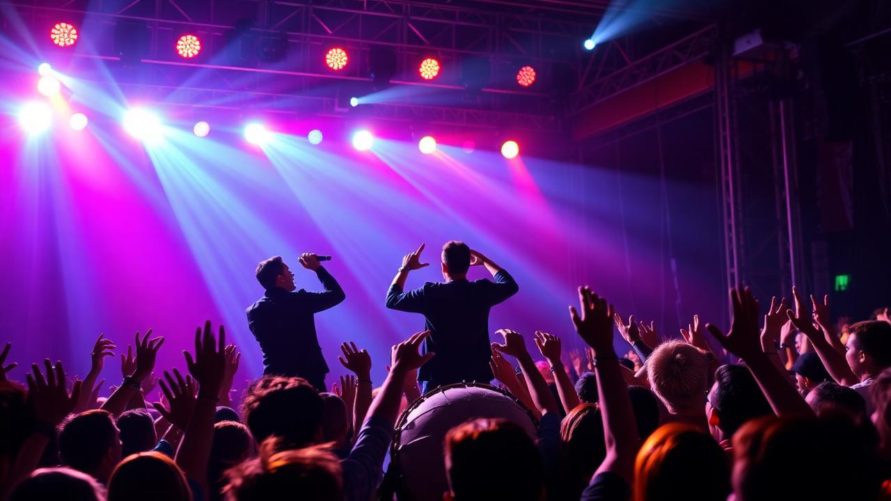 Concert stage with colourful lighting and a crowd of young fans at a modern Uzbek pop music show