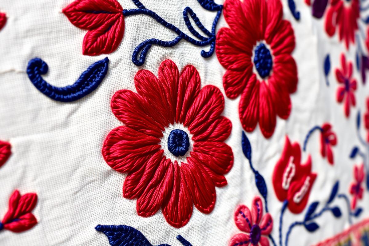 Close-up of a hand-embroidered Uzbek suzani textile showing large red and indigo silk floral medallions stitched in chain stitch on cream cotton cloth.