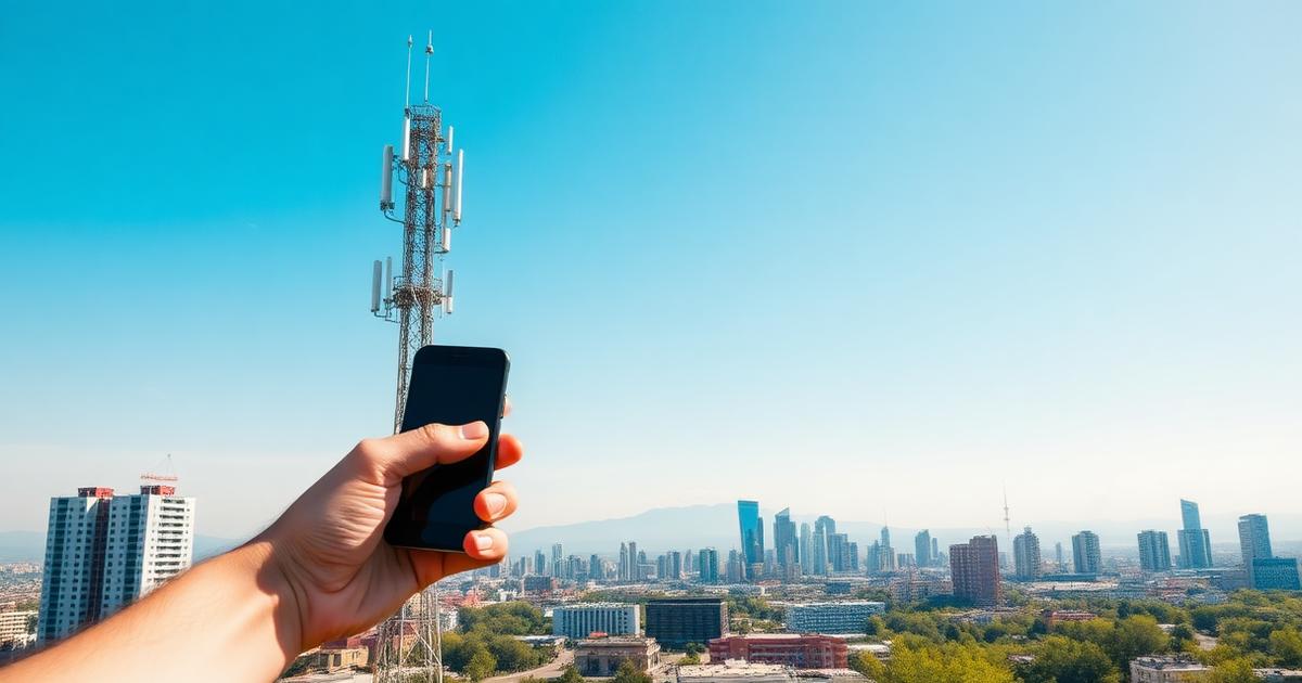 A hand holding a smartphone in front of a mobile telecom mast above a Central Asian city skyline on a clear day.